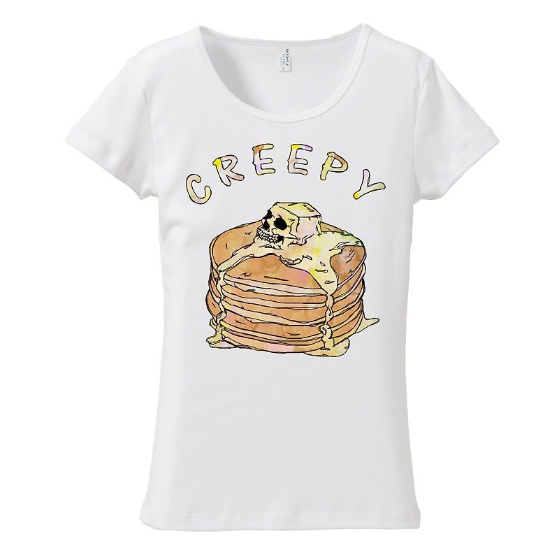 [Women's T-shirt] Creepy pancake - เสื้อยืดผู้หญิง - ผ้าฝ้าย/ผ้าลินิน ขาว