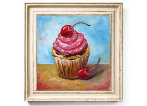 チェリークリームカップケーキとチェリーベリーの油絵 小さな