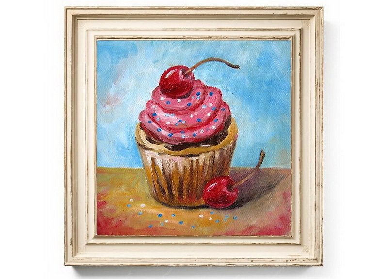 Cherry Cream Cupcake with cherry berry oil painting small size canvas art - 牆貼/牆身裝飾 - 其他材質 多色