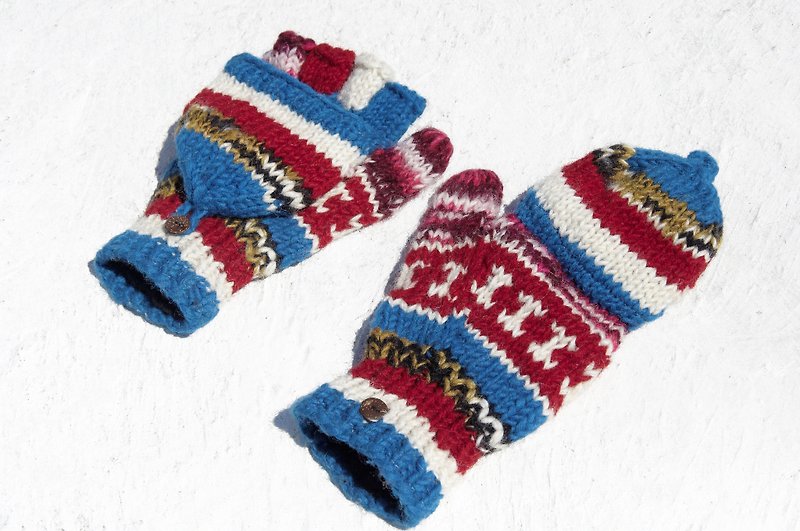 聖誕節禮物 創意禮物 交換禮物 限量一件手織純羊毛針織手套 / 可拆卸手套 / 內刷毛手套 / 保暖手套(made in nepal) - 對比漸層桃紅藍色 北歐費爾島圖騰 - 手套 - 羊毛 多色