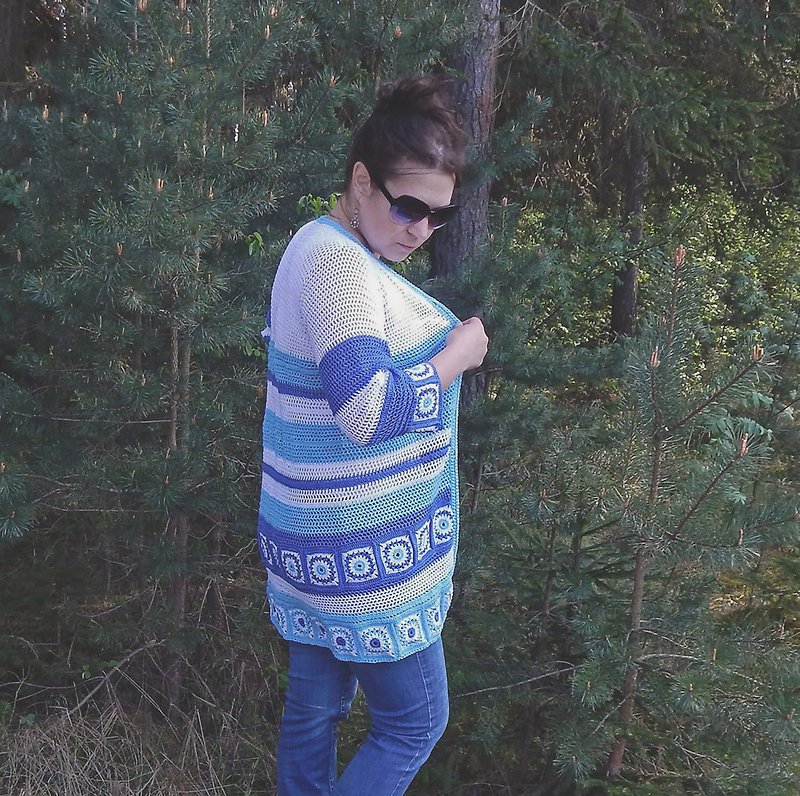 棉．麻 女毛衣/針織衫 藍色 - Cotton blue cardigan womens crochet jacket boho knitted sweater Pullover