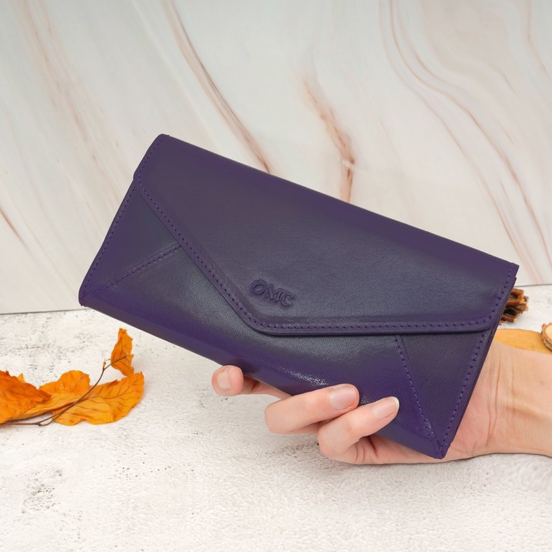 Italian Vegetable Tanned Envelope Tri-Fold Cowhide Long Clip 95115(Purple) - กระเป๋าสตางค์ - หนังแท้ สีม่วง