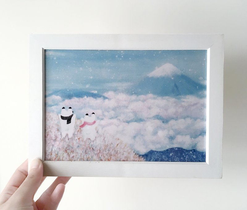 Hand painted rabbit Fuji mountain illustration copy painting with wood photo frame A5 - โปสเตอร์ - กระดาษ สีน้ำเงิน
