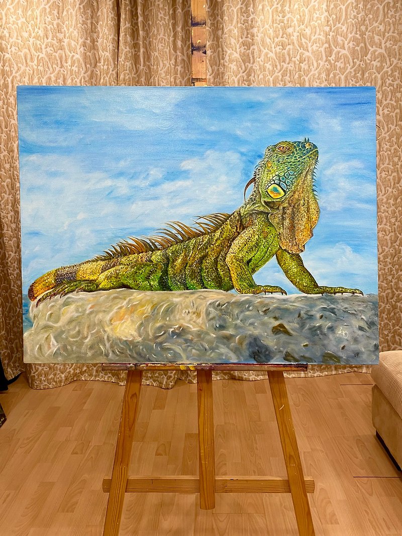 Lizard art, iguana painting, chameleon wall decor, animal poster. oil painting - โปสเตอร์ - ลินิน สีน้ำเงิน