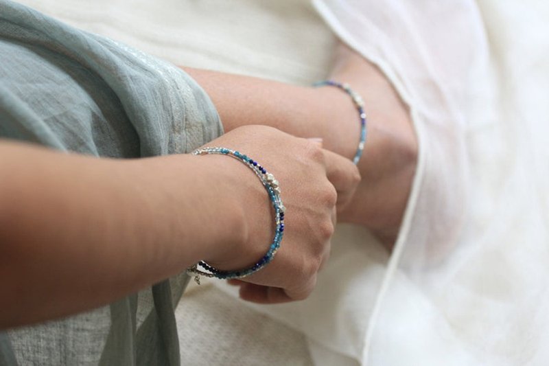 Topaz, Lapis Lazuli and silver beads anklet (BA0005) - กำไลข้อเท้า - เงิน สีเงิน