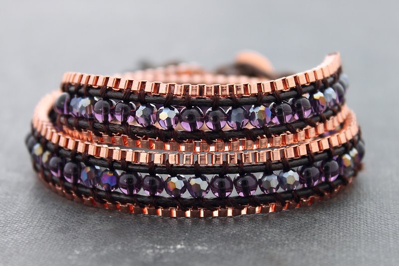 Amethyst Crystal Wrap Bracelets Copper Pink Gold Woven Beaded Glam Hippy - Bracelets - Stone Purple