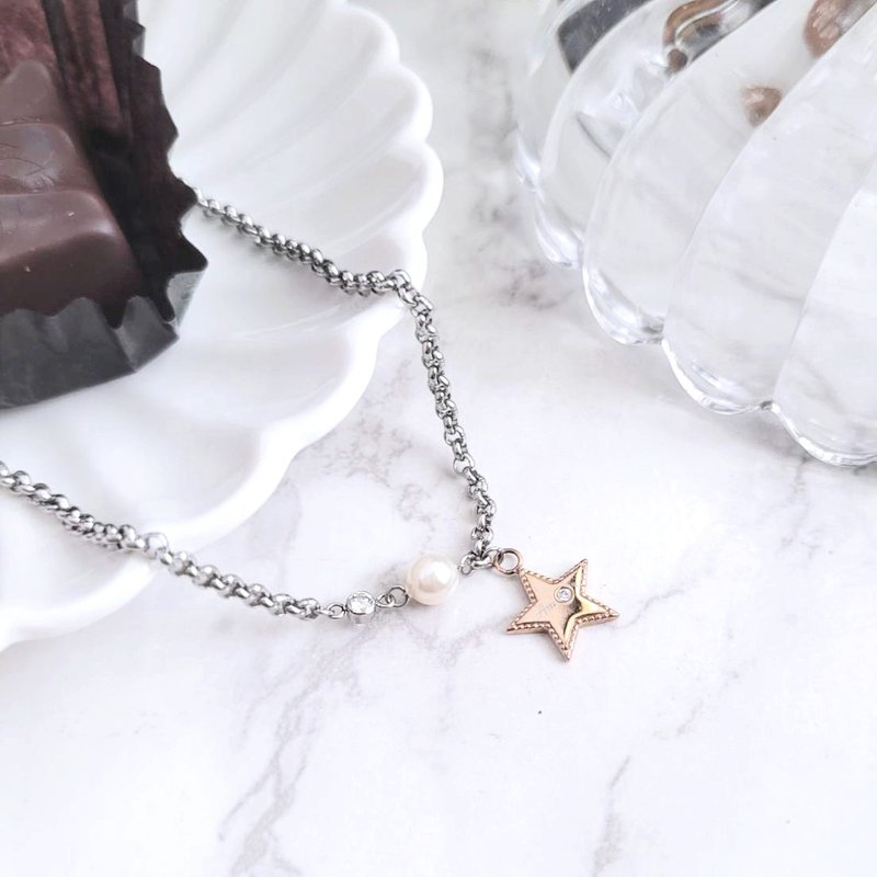 Starry. Pearl star shape white steel anklet (black. blue. rose gold) - กำไลข้อเท้า - สแตนเลส หลากหลายสี