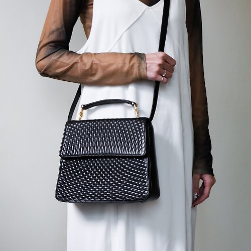 Folklore Vintage Bally 黑色小羊皮絎縫典雅2way手提包 側背包
