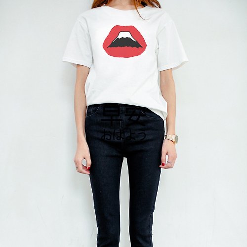 hipster Lips Mt Fuji 男女短袖T恤 白色 嘴唇富士山日本文青設計禮物情侶
