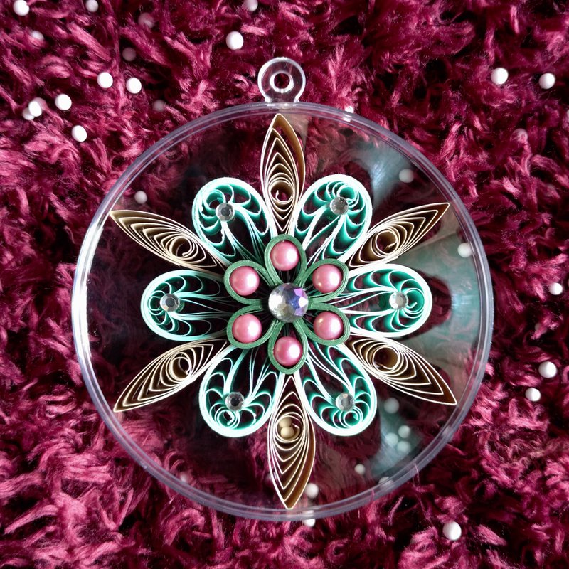 Quilled Christmas Ornament - Blue Flower Gold Leaf - Charms - Paper Green