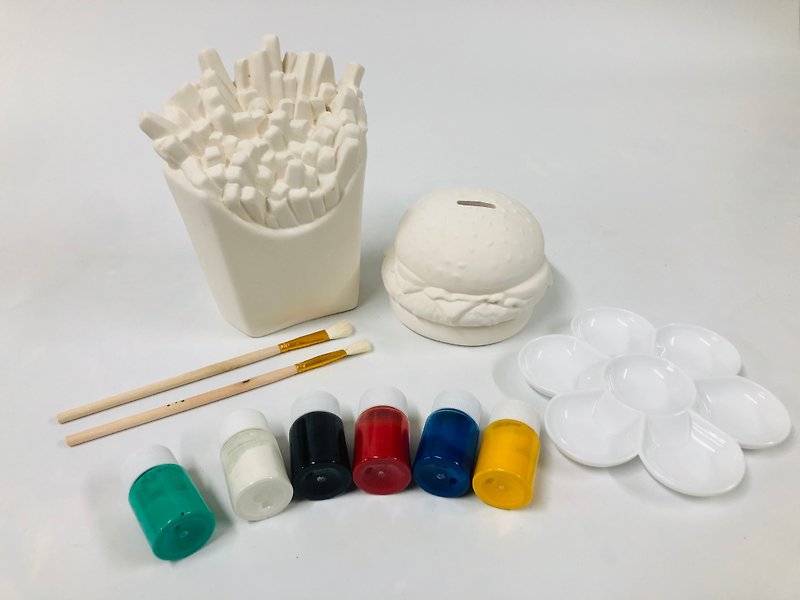 ดินเผา งานเซรามิก/แก้ว หลากหลายสี - Tao DIY burger and french fries set set ceramic white billet money tube epidemic prevention material package (including painting materials)