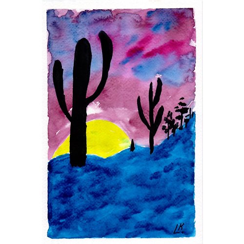 Artkingdom7 Cacti Painting California Desert Original Art Sunset Painting Watercolor