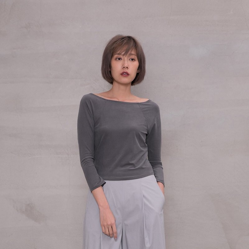 Self-proclaimed boat-type collar elastic knit top Boat Neck Stretch Jersey Top - Women's Tops - Polyester Gray