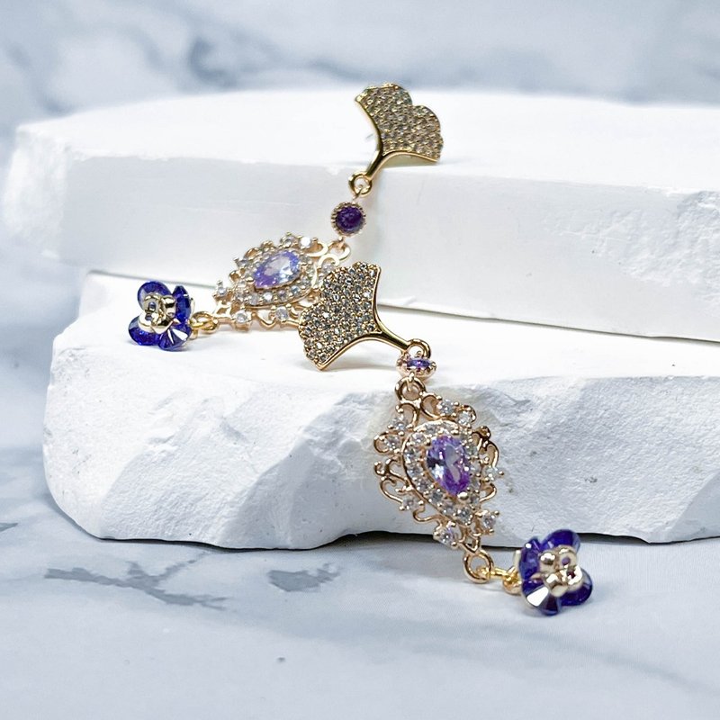 【Ginkgo Amethyst Flower】Gold Drop Earrings - ต่างหู - โลหะ 