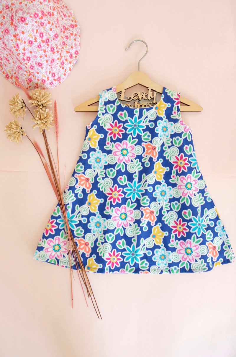 One Piece Dress for Girl Navy Flower Dress for her Gift for Girl Birthday Gift - กระโปรง - ผ้าฝ้าย/ผ้าลินิน สีน้ำเงิน
