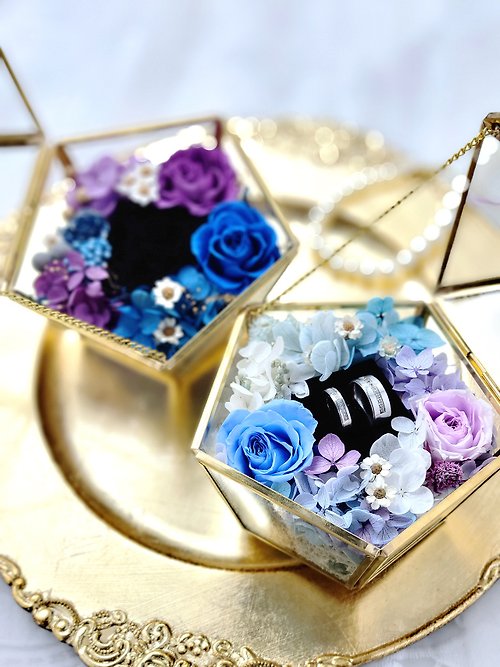 萍水相逢 永生玫瑰花玻璃珠寶戒指盒-藍紫色五角星 情人節禮物