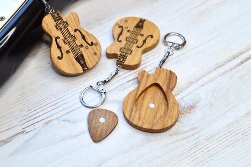 EngravedWoodBox Guitar keychain with pick, wooden personalized electric guitar keychain and pick
