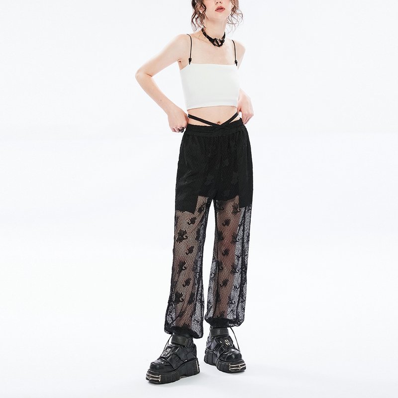 Gothic Chakra Lace Mesh Overalls/Elastic Waistband - กางเกงขายาว - วัสดุอื่นๆ สีดำ
