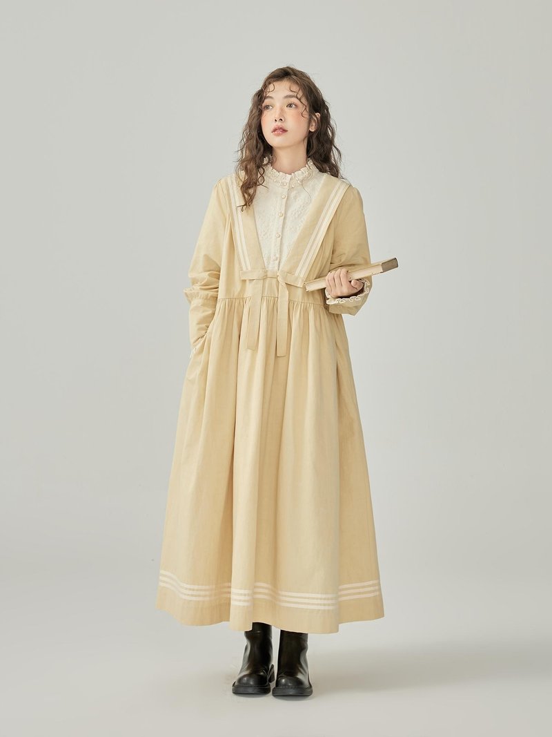 Retro Palace Style Linen and Linen Jacquard Bowknot Autumn and Winter Long Sleeve Dress - ชุดเดรส - ผ้าฝ้าย/ผ้าลินิน สีเหลือง