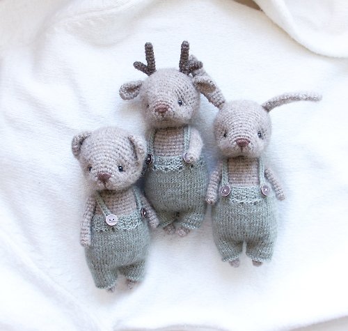 CozyToysByOreshek Set of Three Woodland Animal Dolls,Deer, Bunny and Bear in pants, Decorative Toy