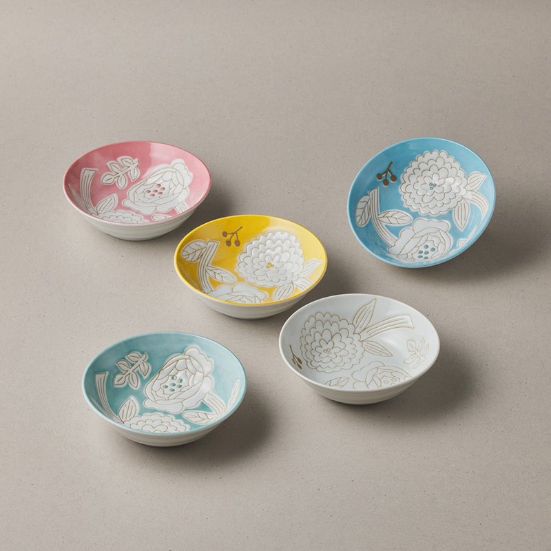日本美濃燒 - 粉染花朵碗禮盒組(5件式) - 13.3cm - 碗 - 瓷 多色