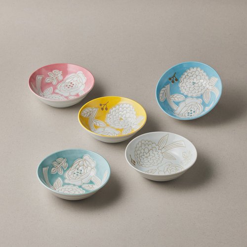 有種創意 日本食器 日本美濃燒 - 粉染花朵碗禮盒組(5件式) - 13.3cm