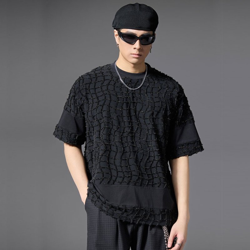 Summer grid fringe short sleeve T-shirt men's casual jacket - 男 T 恤 - 其他材質 