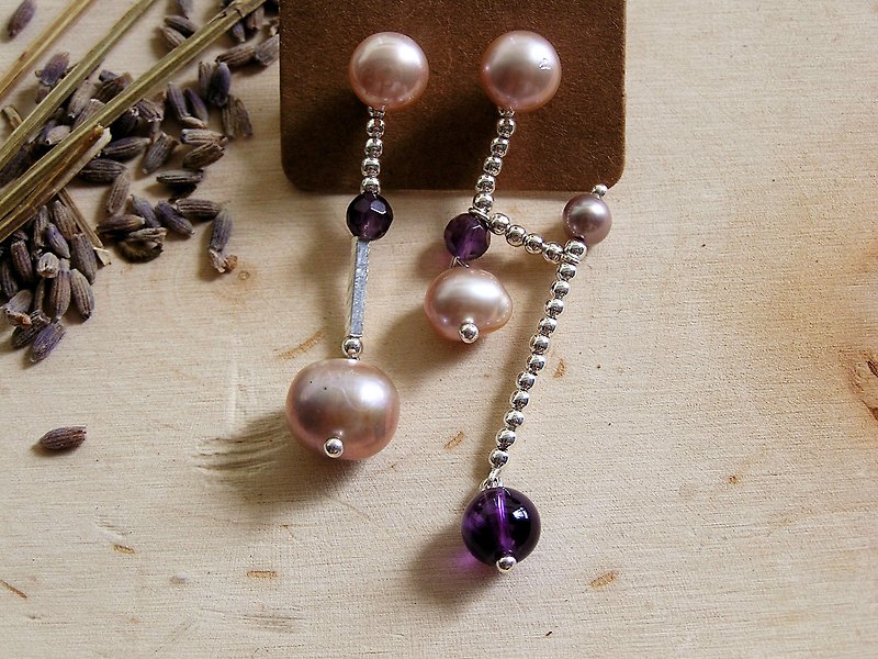 Spring Cherry Blossom Series 925 Sterling Silver Pink Purple Freshwater Pearl Earrings - ต่างหู - เงินแท้ สีม่วง