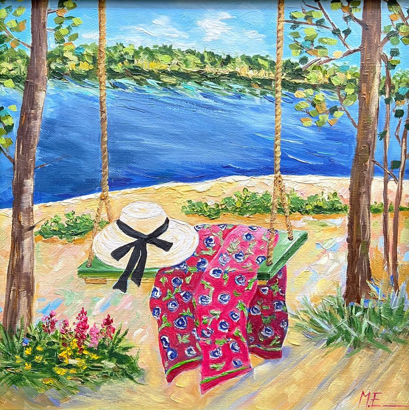夏日風景 布面油畫 海景藝術 治愈系圖片 - 壁貼/牆壁裝飾 - 其他材質 藍色