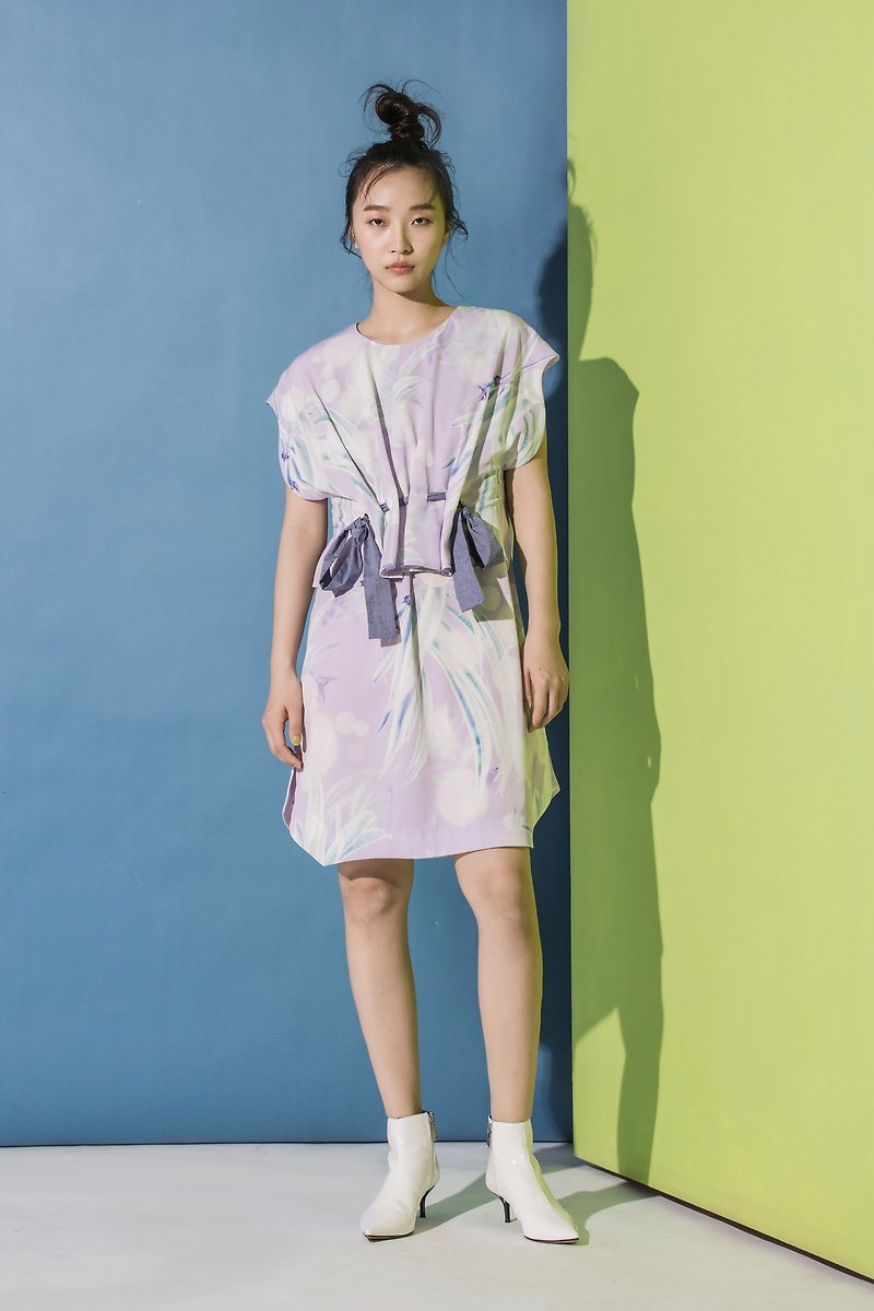 帶飾印花洋裝 - 連身裙 - 聚酯纖維 紫色