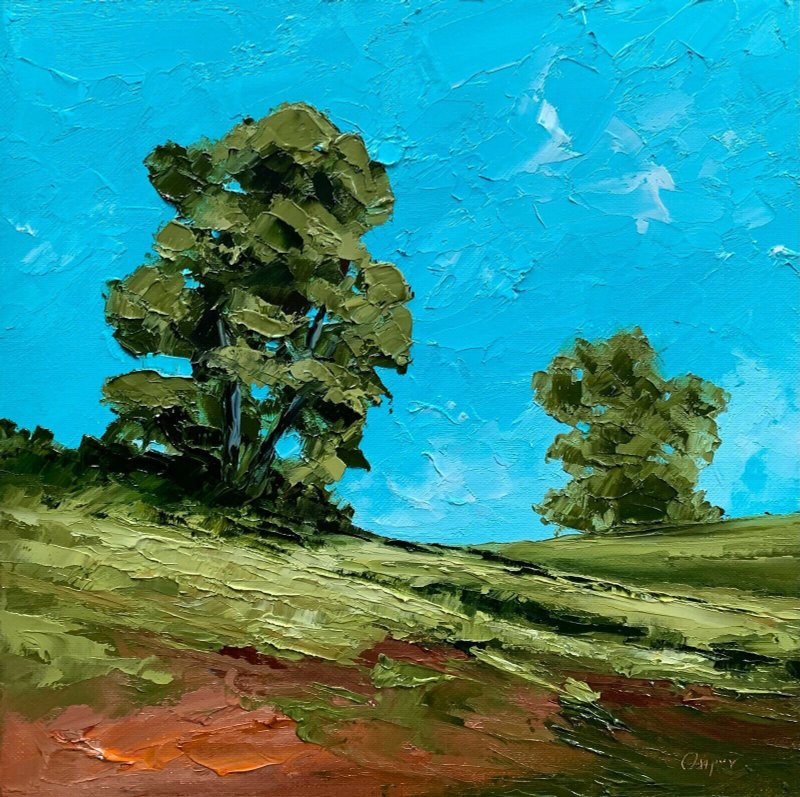 Original Green Field Landscape Blue Sky Oil Painting Trees Textured Impasto Art - 壁貼/牆壁裝飾 - 棉．麻 多色