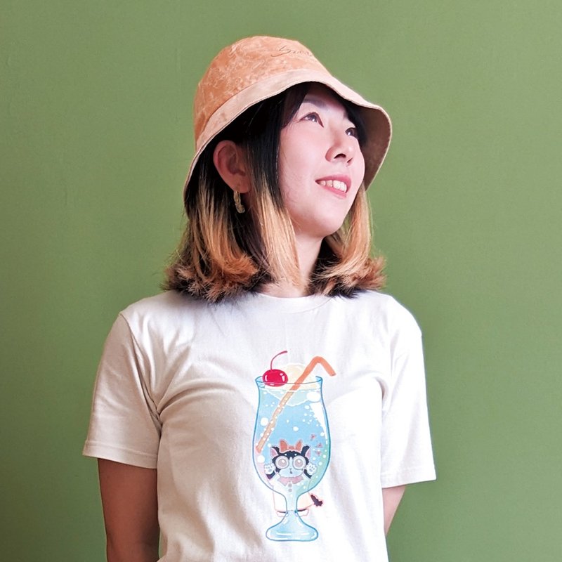 【雙面 圓領棉tee 衣服 -奶茶色】櫻桃蘇打汽水 - 女 T 恤 - 棉．麻 黃色