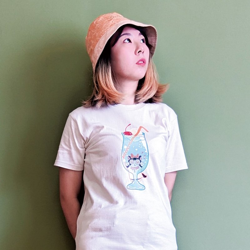【雙面 圓領棉tee 衣服 -奶茶色】櫻桃蘇打汽水 - 女 T 恤 - 棉．麻 黃色