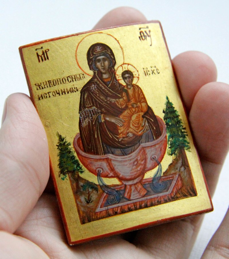 hand painted orthodox christian Virgin Mary icon Life-giving spring icon - 其他 - 木頭 紅色