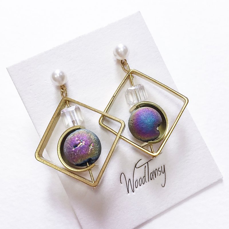 Diamond shape little planet plating colour agate Non allergic earrings - Earrings & Clip-ons - Gemstone Multicolor