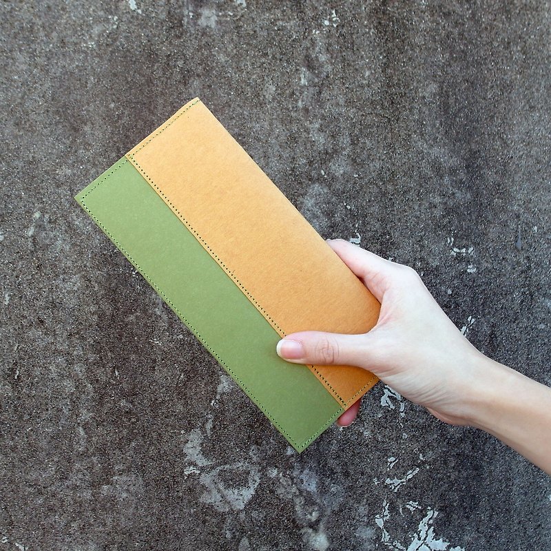 橙 x 綠 水洗牛皮紙夾 撞色長夾 錢包 - 長短皮夾/錢包 - 紙 綠色