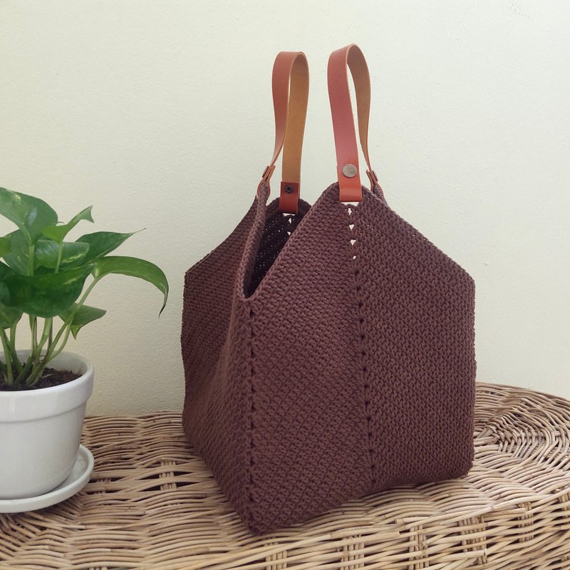 Minimal Granny Boho Bag - crochet bag from cotton yarn & genuine leather strap - Handbags & Totes - Cotton & Hemp Multicolor