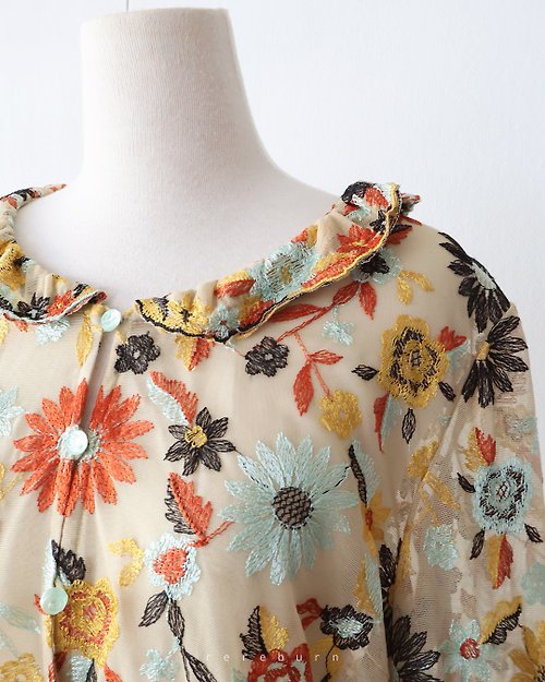 REreburn 春夏日本製復古花朵刺繡透膚長袖黃色古著襯衫