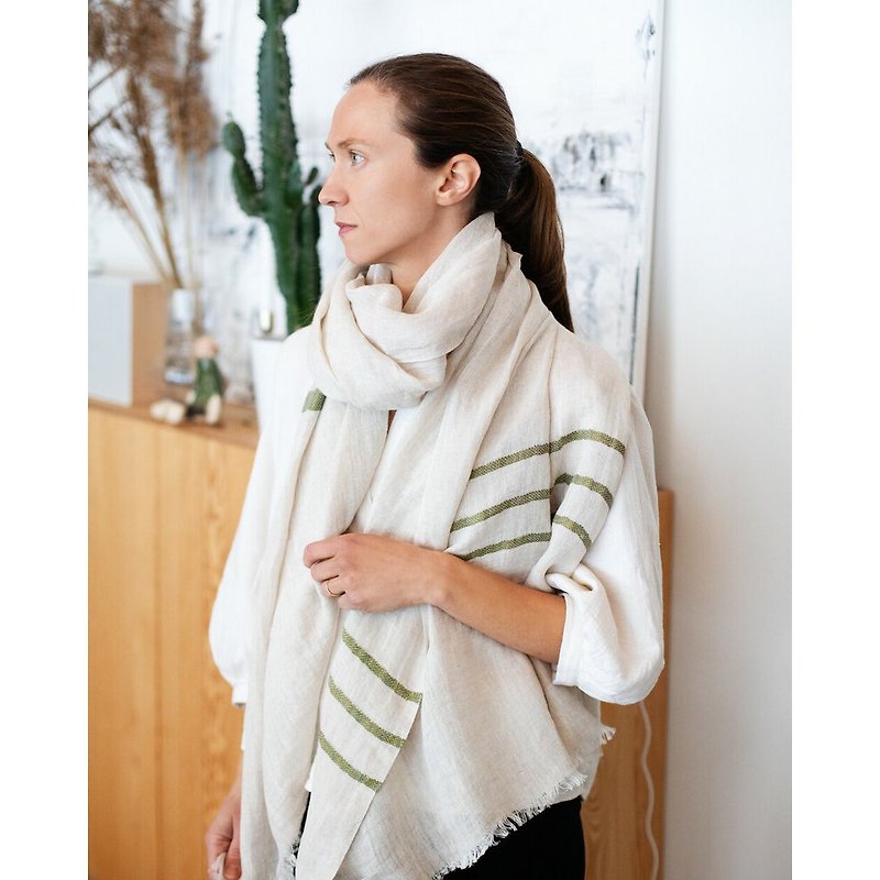 USVA Linen Thin Scarf (Olive Green Stripe) - Knit Scarves & Wraps - Cotton & Hemp Gray