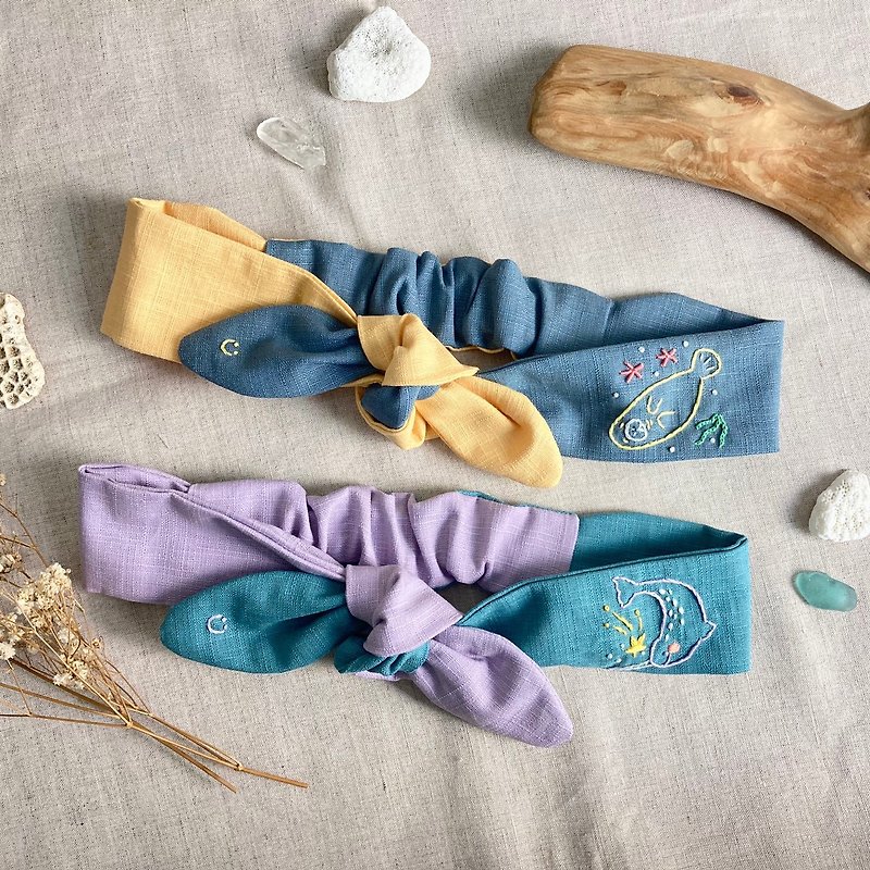 Inspiration of the Sea Summer Edition-Smiling Two-tone Bow Narwhal and Manatee Embroidered Headband - ที่คาดผม - งานปัก หลากหลายสี