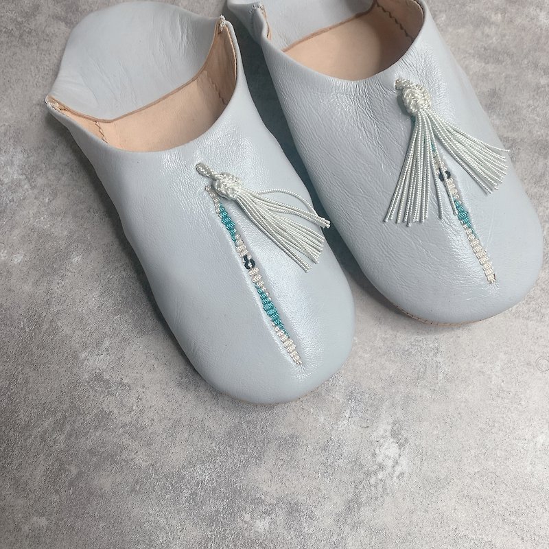 Moroccan babouche room slippers minimalist tassel grey - Indoor Slippers - Genuine Leather Gray