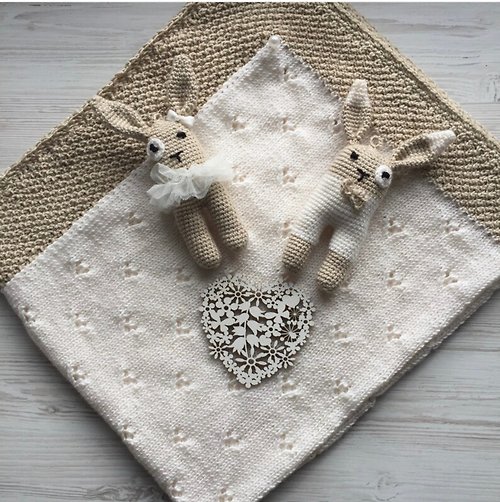 V.I.Angel Ivory and beige hand knit blanket with two toys. Take home blanket for baby.
