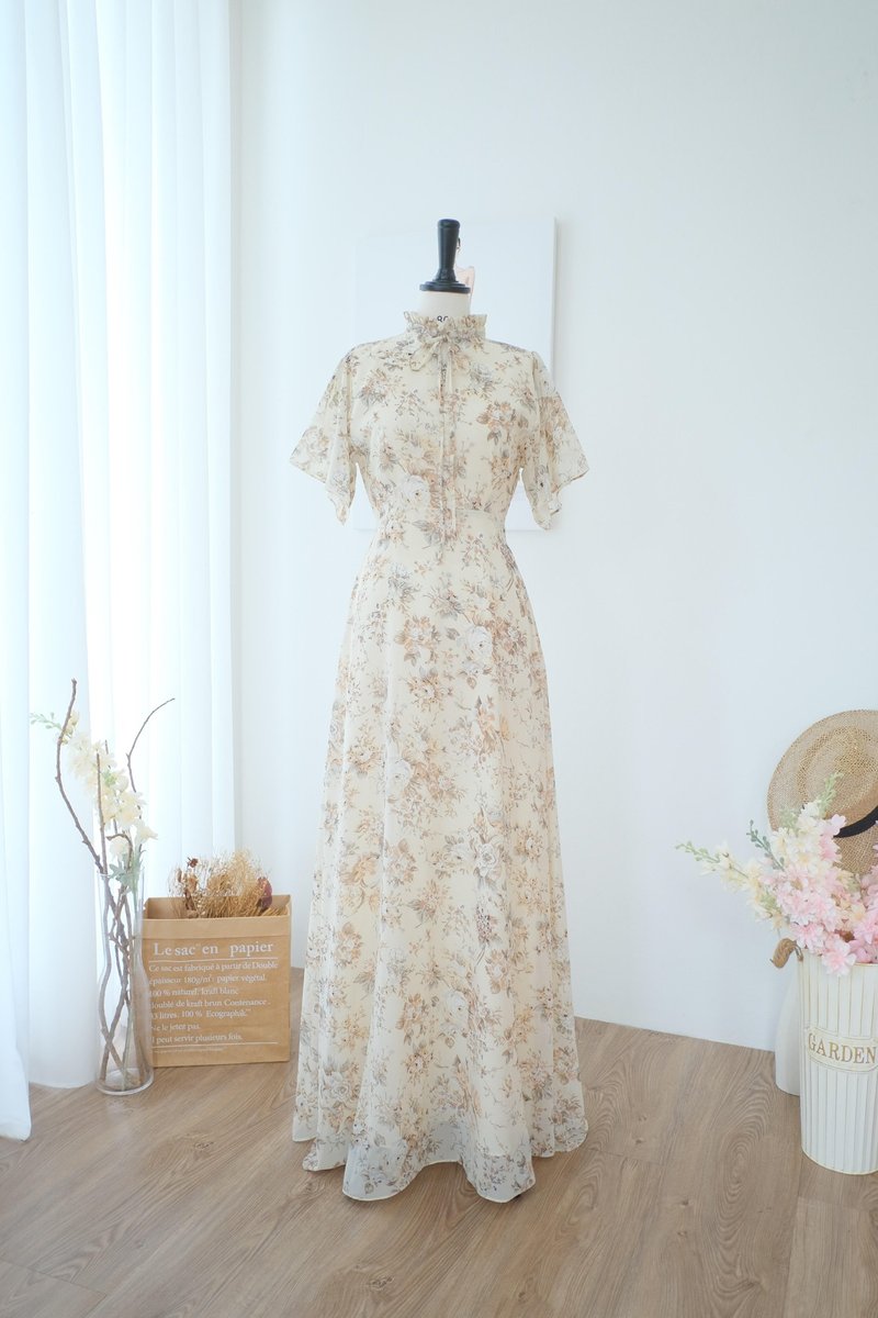 Creamy brown floral vintage bridesmaid dress Maxi wedding summer sundress - One Piece Dresses - Polyester Brown