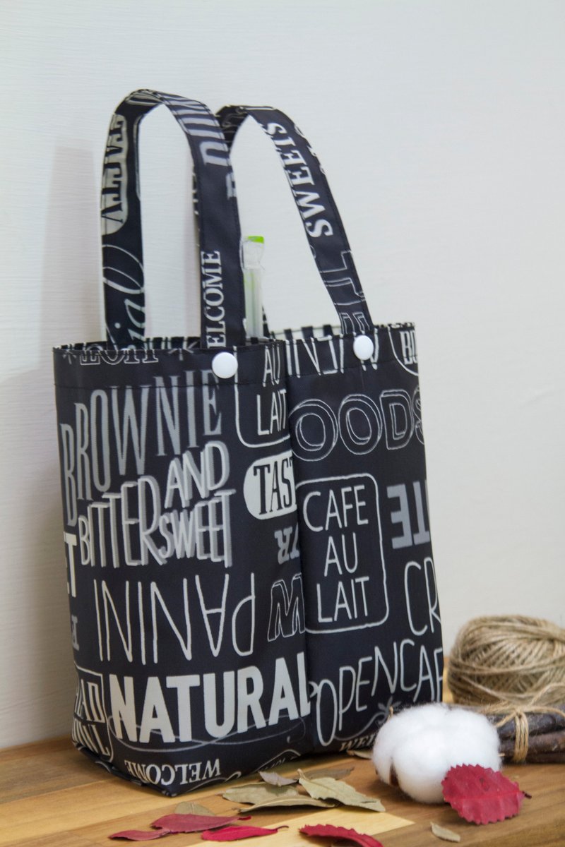 【Gi LAI】環保雙杯手提袋/情侶飲料袋-下午茶英文字 - 手提包/手提袋 - 防水材質 黑色