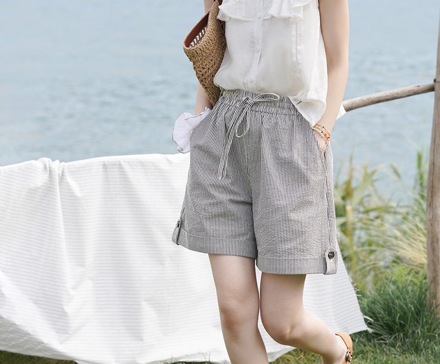 Seersucker Striped Drawstring Shorts|Pants|Summer|Sora-1222 - Shop