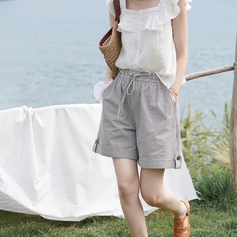 Seersucker Striped Drawstring Shorts|Pants|Summer|Sora-1222 - กางเกงขาสั้น - ผ้าฝ้าย/ผ้าลินิน 