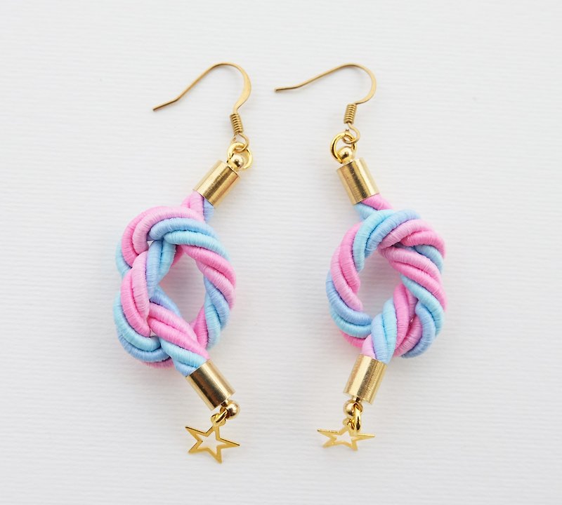 Pink and blue knotted rope earrings with tiny stars - Earrings & Clip-ons - Paper Pink
