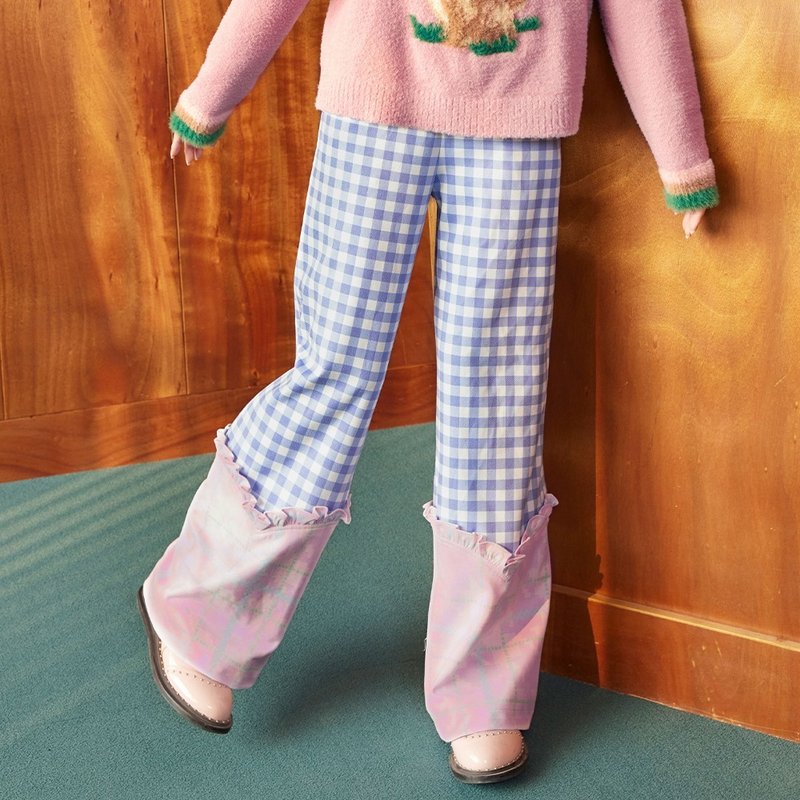 アウトレット品　ブルーとピンクのチェック柄ステッチストレートパンツ - 女長褲 - 聚酯纖維 藍色