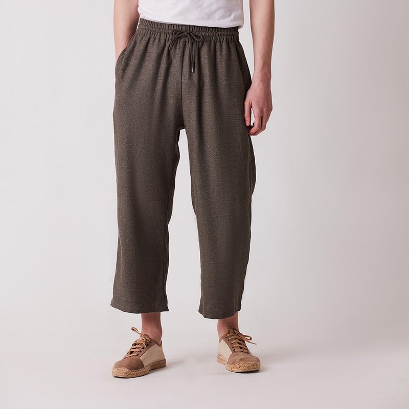 Elastic drawstring trousers - กางเกงขายาว - ผ้าฝ้าย/ผ้าลินิน สีนำ้ตาล