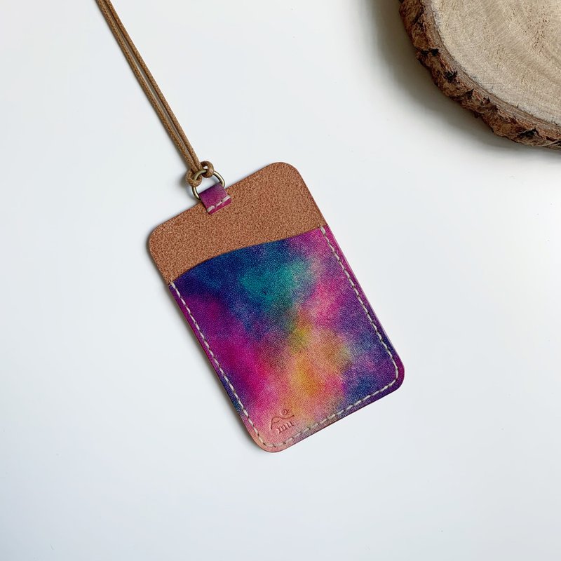 Hand-dyed magic nebula leather card holder card set straight manual (custom lettering) - ที่ใส่บัตรคล้องคอ - หนังแท้ 